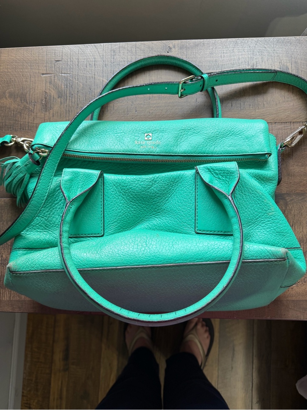 kate spade Turquoise Green Pebbled Leather Satchel with Tassel Accent